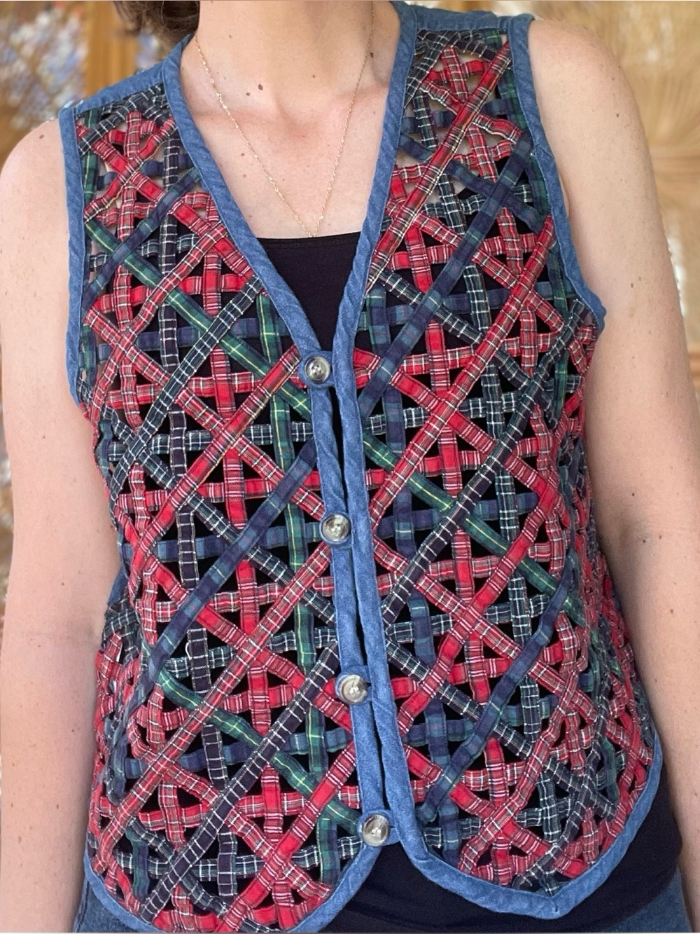 Vintage Casey & Max Denim & Plaid Open Basket Weave Vest S Small